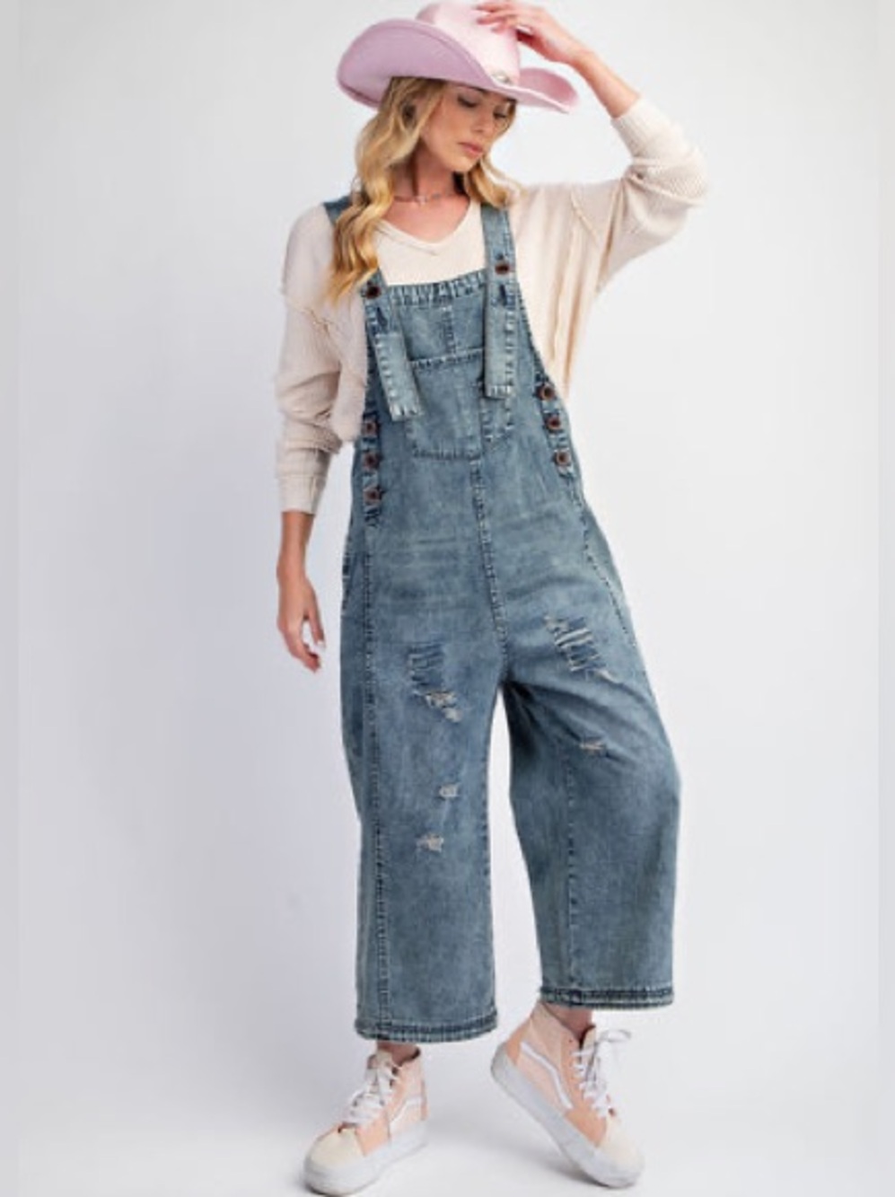 Easel Loose Fit Overalls in Washed Denim medium